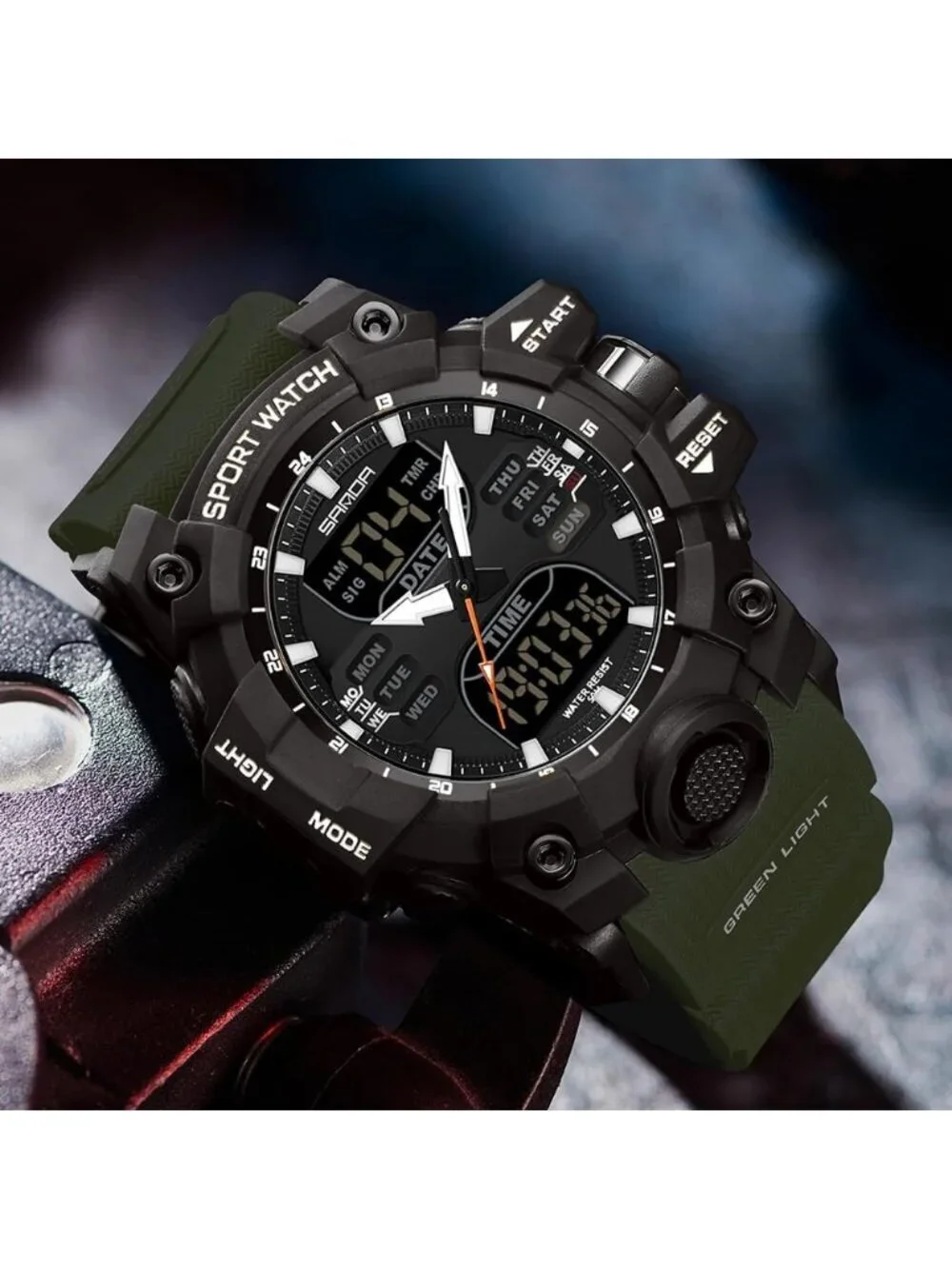 Men's Army Green Black Analog Quartz S-Shock Waterproof Sports LED Digital Watch